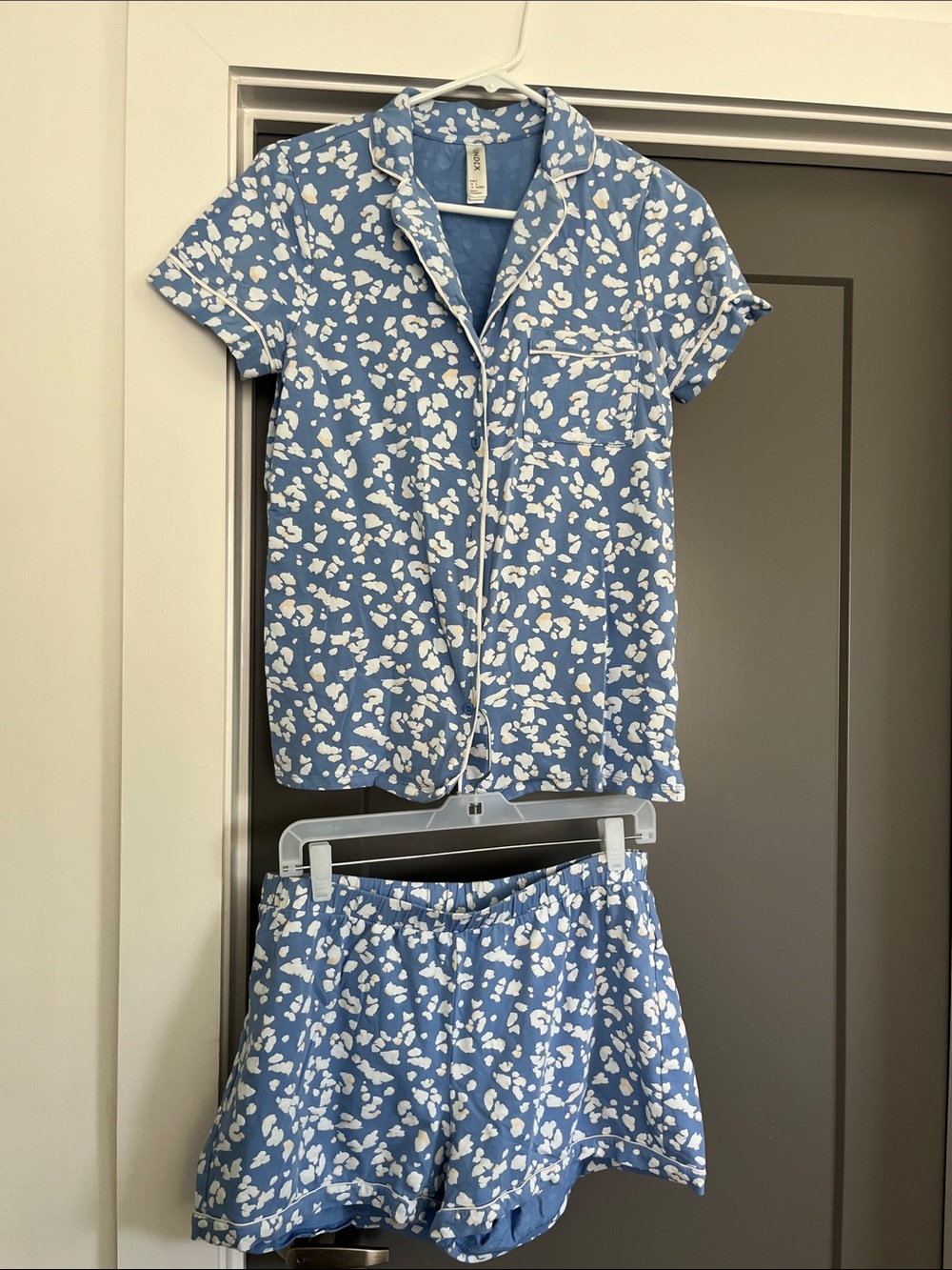 Lindex Blue & White Printed Short Sleeve Pajama Set - S top L bottom